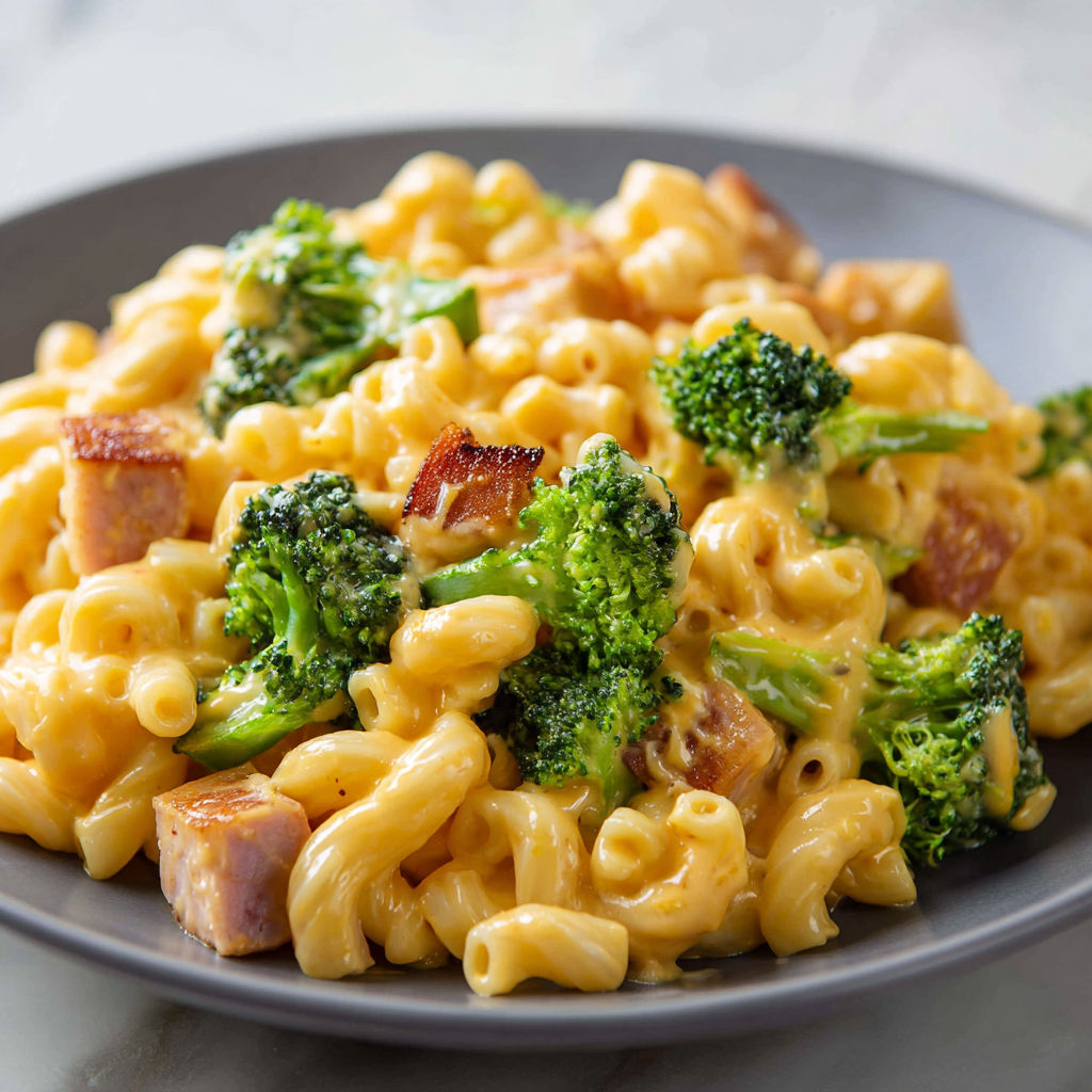 Une plate de macaroni au bacon et aux légumes, avec des brocolis et des champignons.