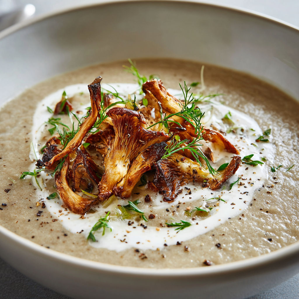 Une soupe de champignons est servie dans un bol en céramique.