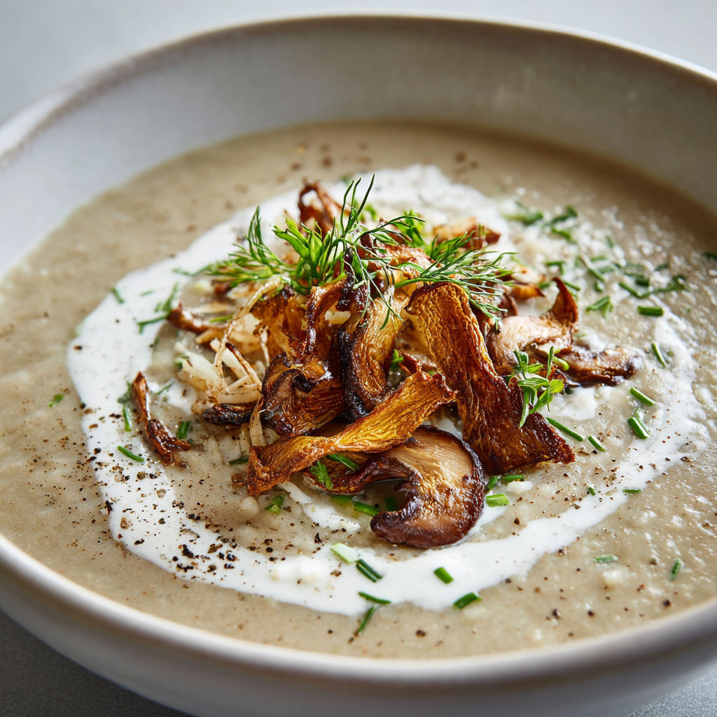 Une soupe de légumes et champignons, garnie de herbes fraîches et de croutons de pommes de terre, est servie dans un bol en céramique.