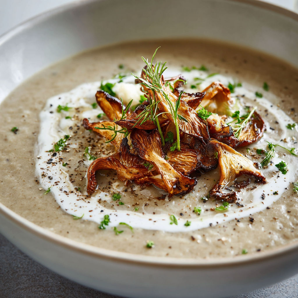 Une soupe chaude avec des champignons et des herbes.