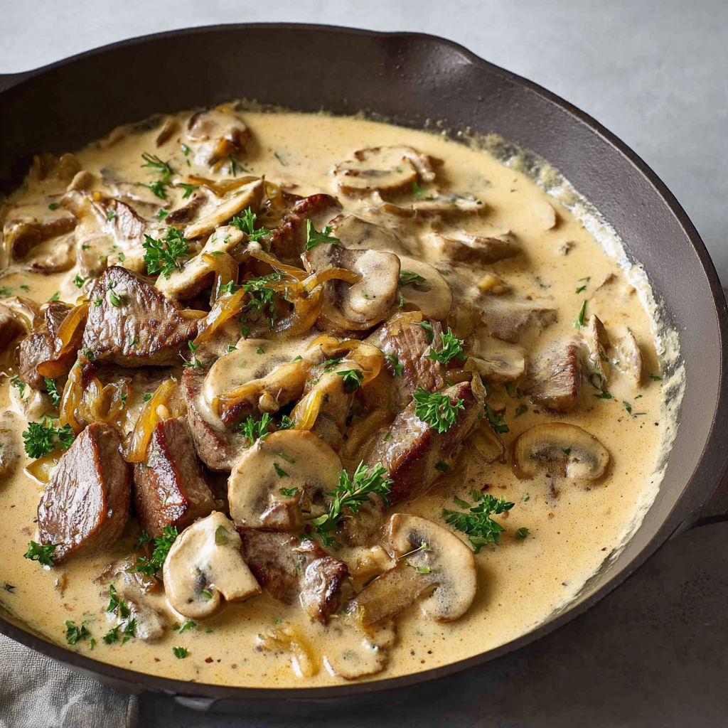Une casserole de boeuf Stroganoff à la façon d'Alain Ducasse, avec des champignons, des herbes et des légumes.