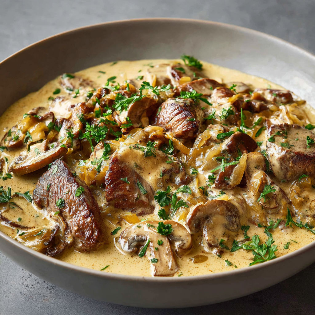 Un plat de Bœuf Stroganoff à la Façon d'Alain Ducasse, avec des champignons, des herbes et des épices, est servie dans un bol.