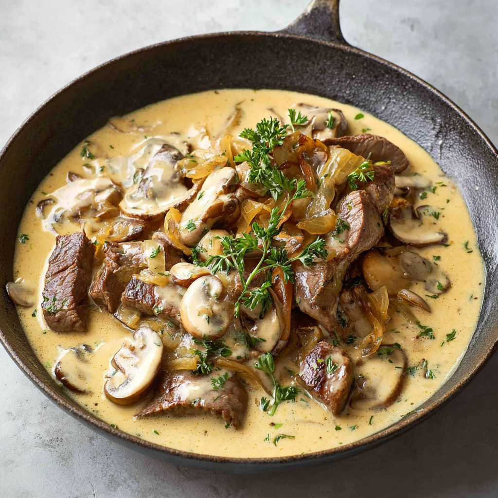 Une recette de Bœuf Stroganoff à la Façon d'Alain Ducasse est servie dans un bol en fonte.