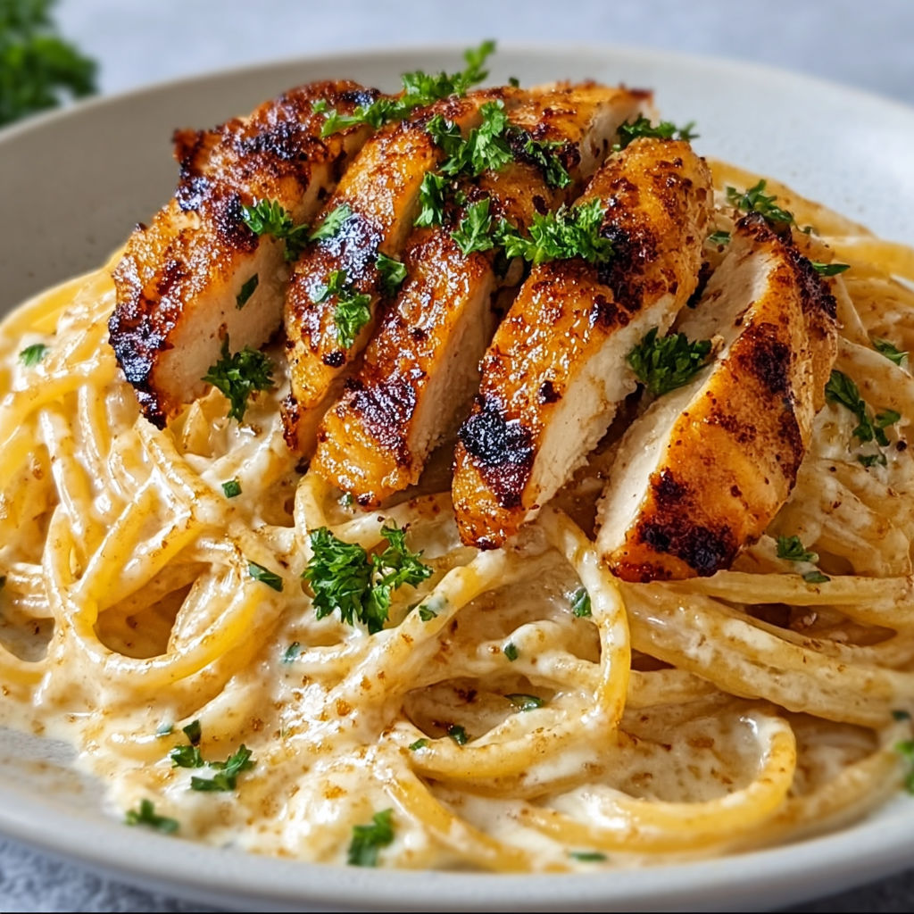Une portion de Spaghetti Crémeux au Poulet Grillé, avec des herbes et des légumes, est servie dans un bol.