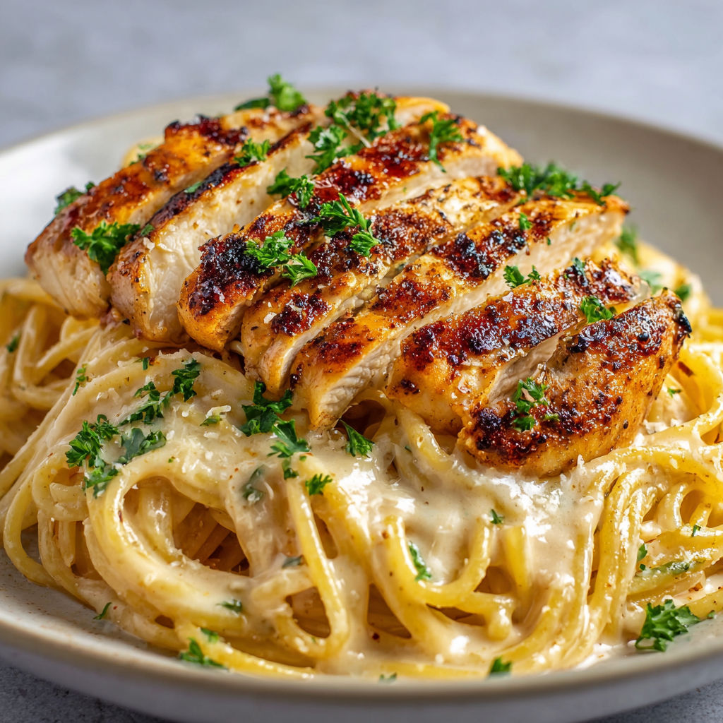 Une portion de Spaghetti Crémeux au Poulet Grillé, avec des herbes fraîches et des légumes, est servie sur un plateau.