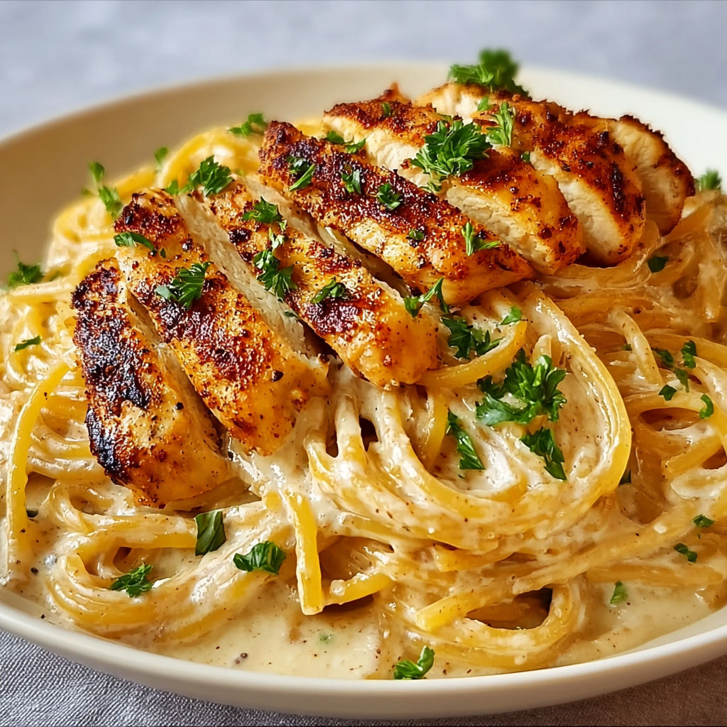 Une assiette de spaghetti crémeux au poulet grillé, avec des herbes et des légumes, est servie sur une table.