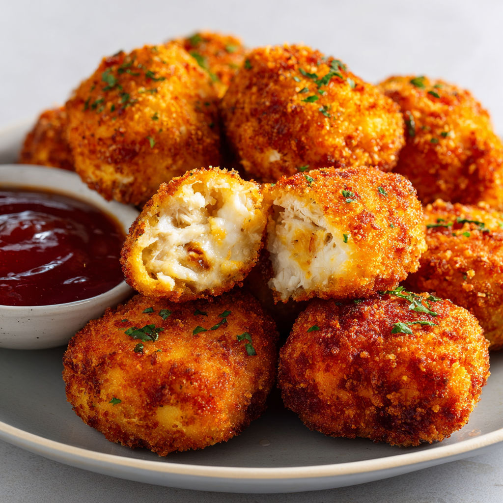 Une assiette de croquettes de poulet, avec une sauce tomate, est servie sur une table.
