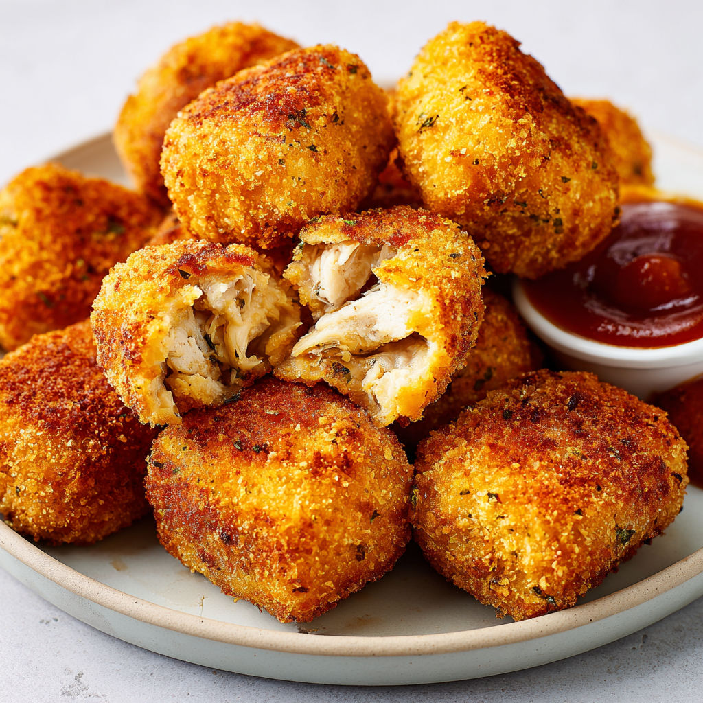 Une pile de croquettes de poulet avec une sauce ketchup.
