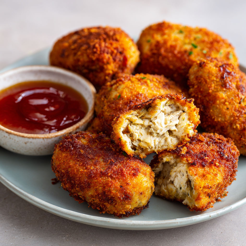 Une pâte de friture croustillante est servie sur un plateau avec une sauce.