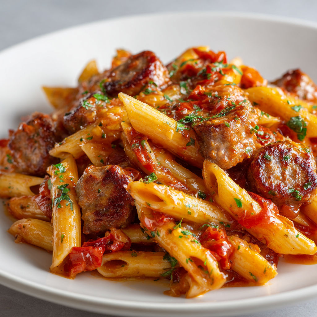Plate of pasta with meat and tomato sauce.