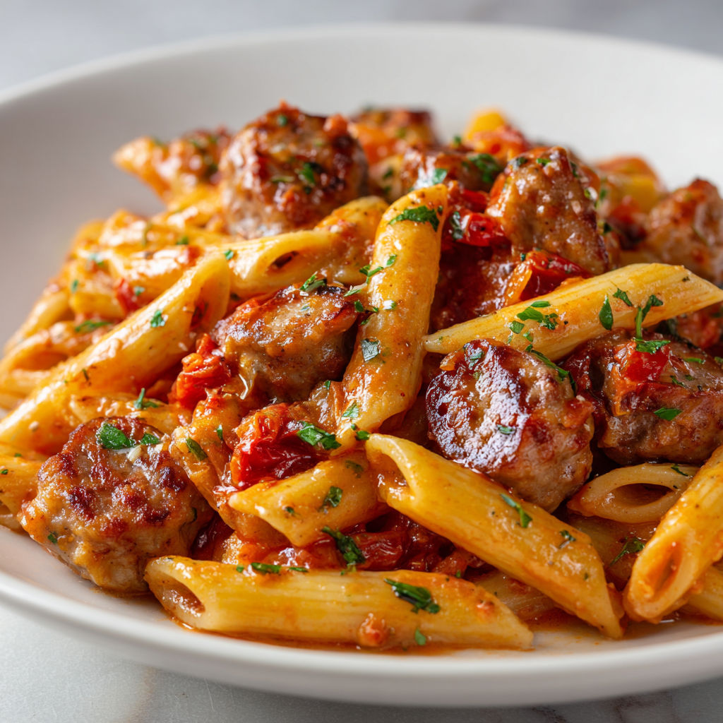 Une plate de spaghetti à la sauce tomate avec des boulettes de viande et des herbes.