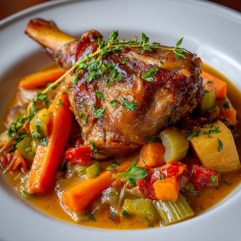 Un plat de jarret de porc braisé aux légumes dans une cocotte en fonte.