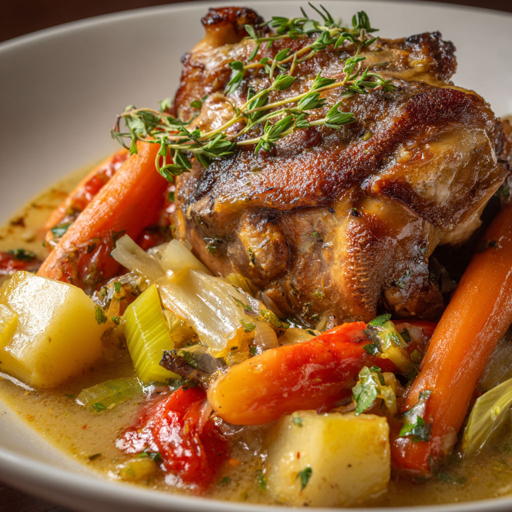 Une cocotte en fonte contenant des légumes et du porc braisé.