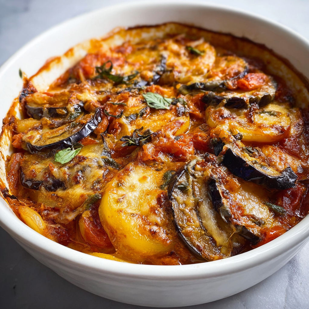Casserole d'aubergines, de pommes de terre et de tomates, dans un bol blanc.