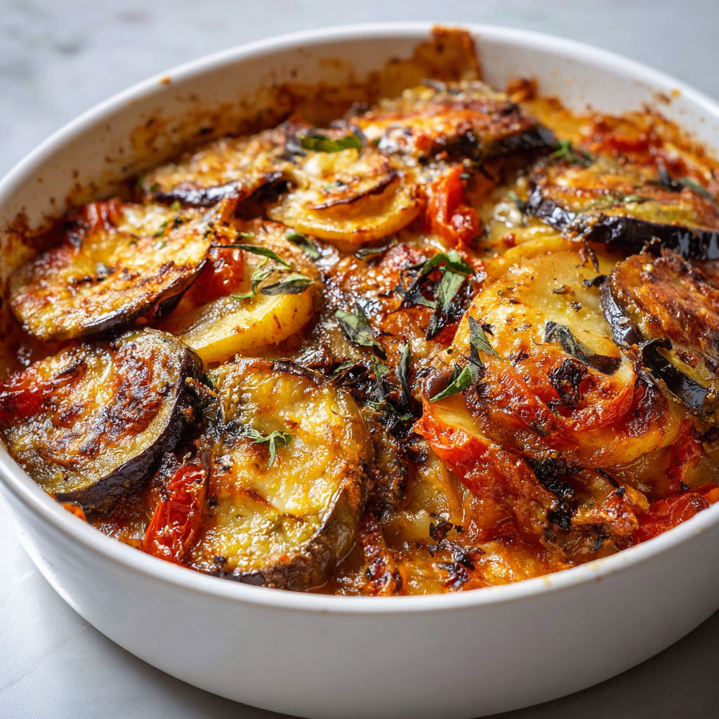 Une casserole de légumes et de viande, avec des aubergines, des poivrons, des courgettes et des tomates, est servie dans un bol blanc.