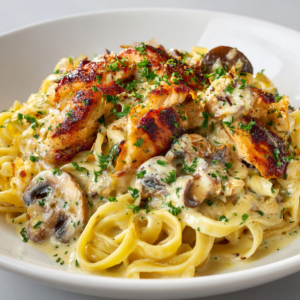 Une plate de pâtes décadentes au poulet et aux champignons, avec une sauce onctueuse.