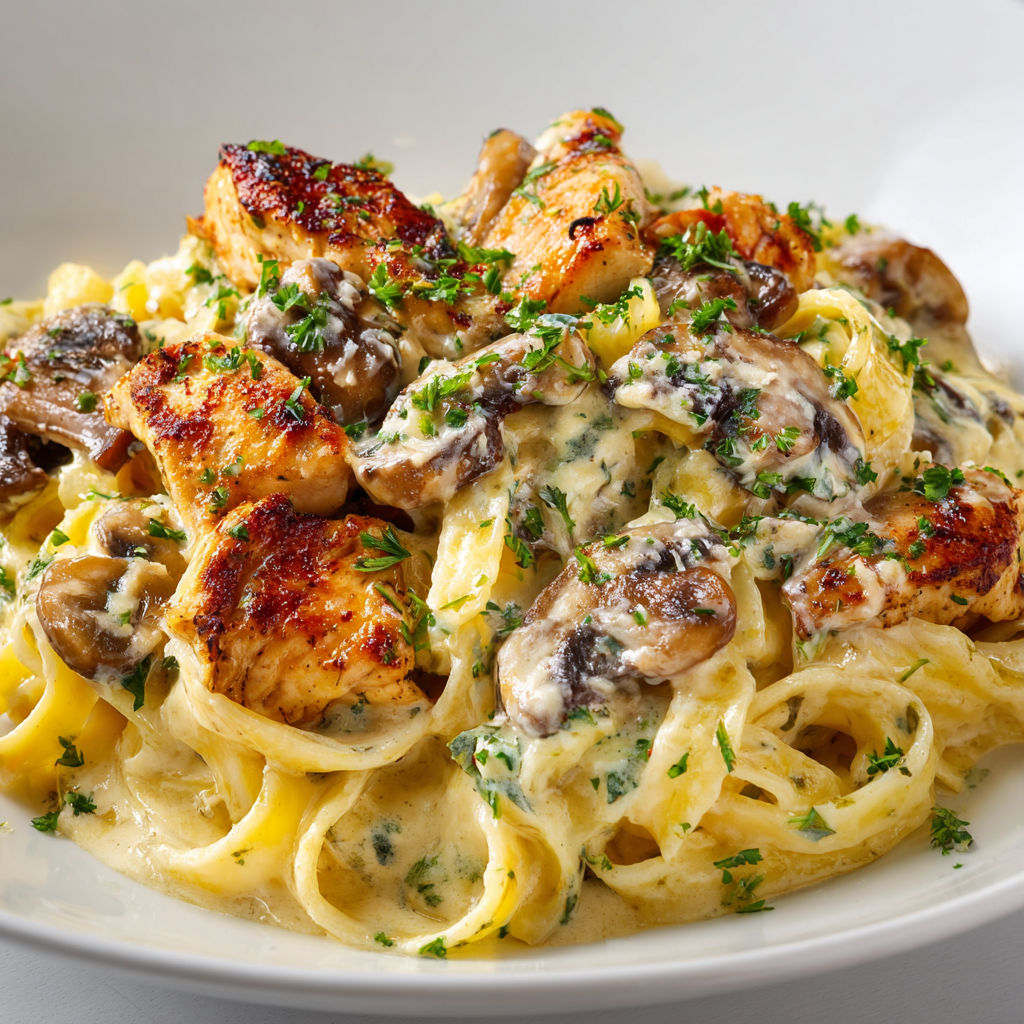 Une plate de pâtes décadentes au poulet et aux champignons, avec une sauce onctueuse.