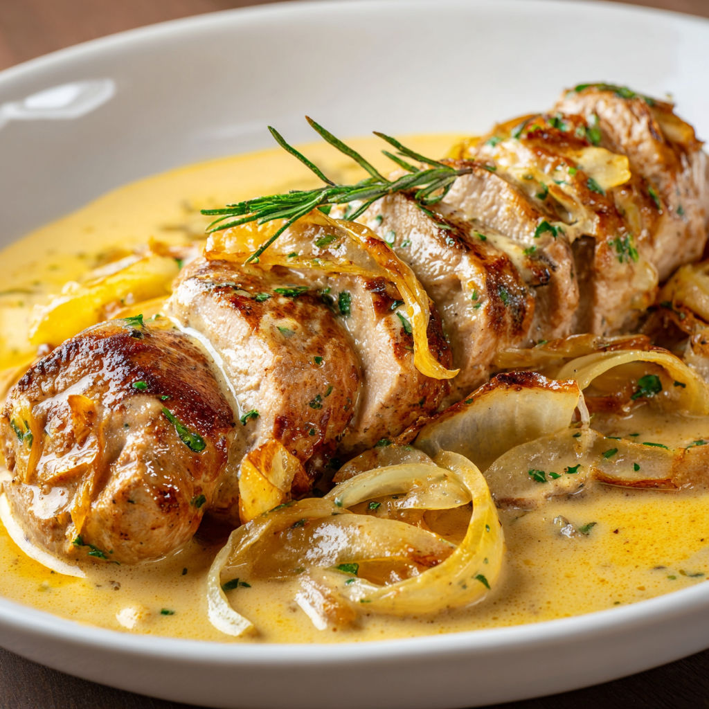 Une viande grillée avec des pommes de terre et des oignons dans une sauce au lait.