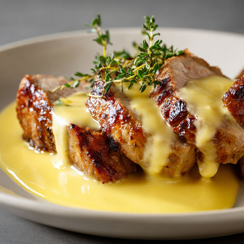 Un filet mignon avec une sauce hollandaise, garnie de herbes.