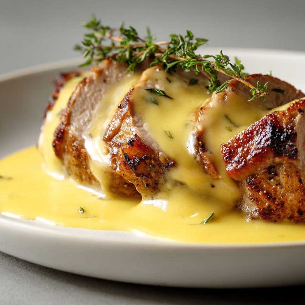Une viande grillée avec une sauce au yaourt et des herbes.