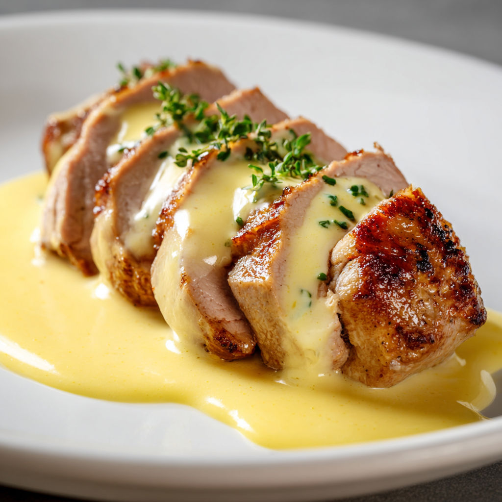 Une tranche de poulet grillé avec une sauce au beurre et des herbes, accompagnée d'une sauce au citron.