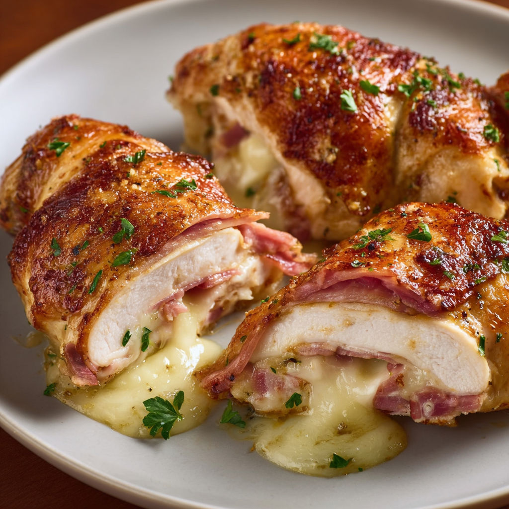 Rouleaux de poulet au jambon et au fromage, servis sur un plateau.