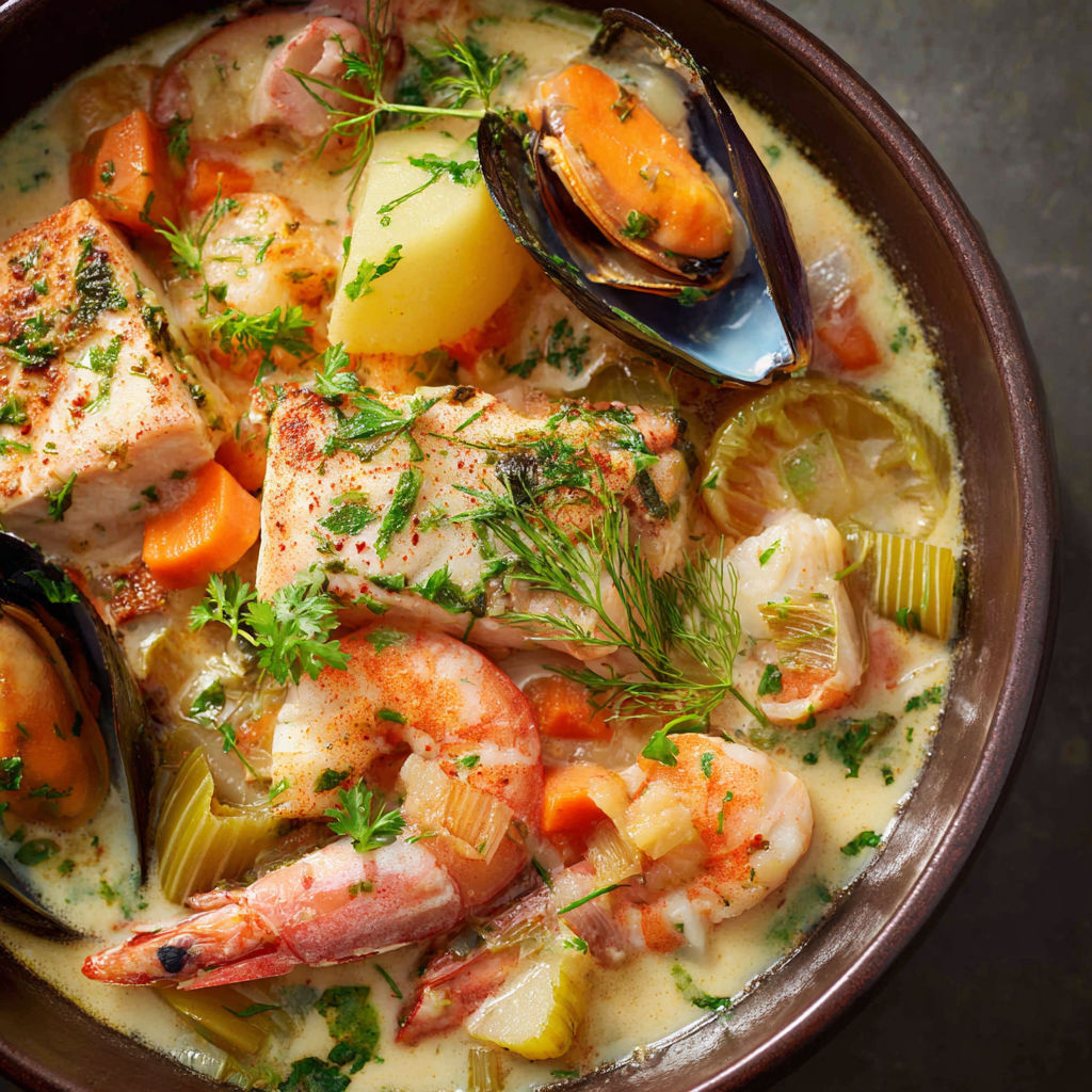 Un pot-au-feu de la mer avec des moules, des carottes et des légumes.