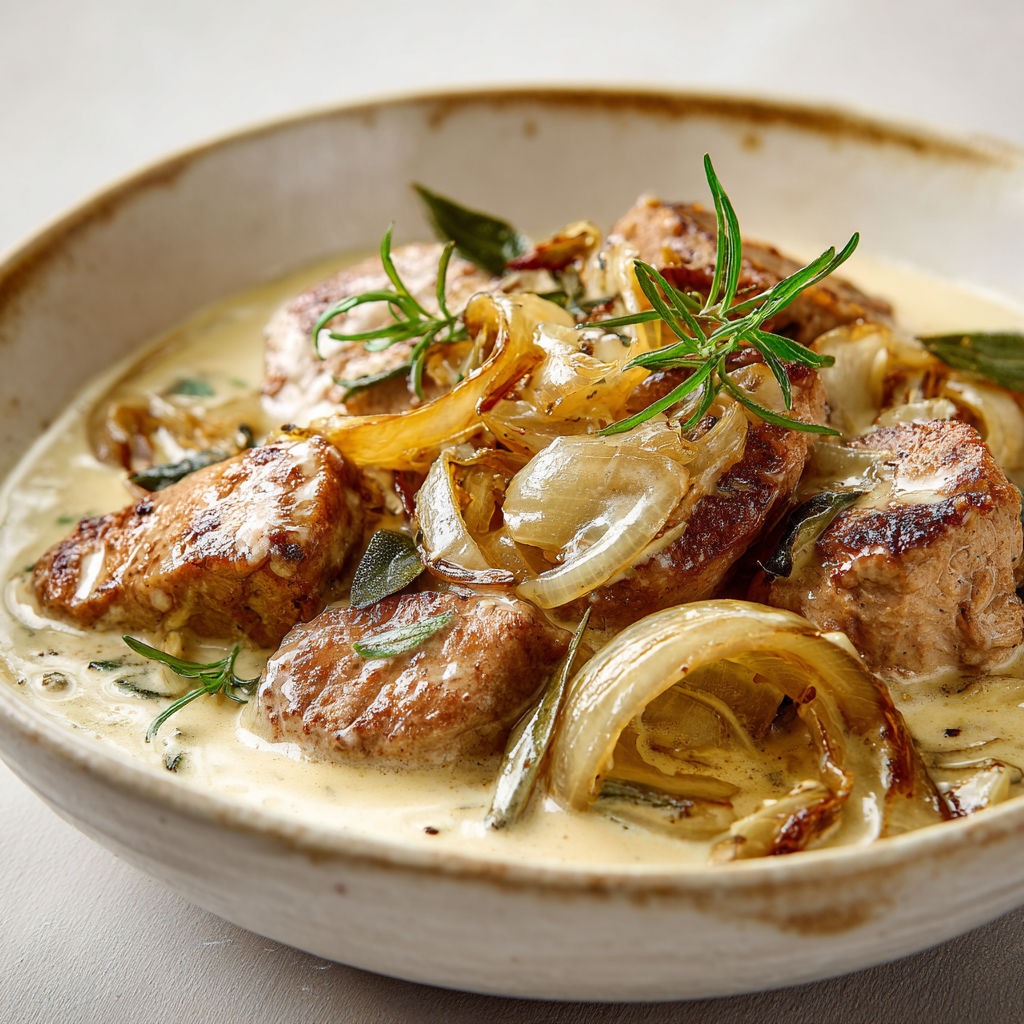 Un plat de filet mignon de porc aux oignons caramélisés, avec des herbes fraîches et une sauce crémeuse.
