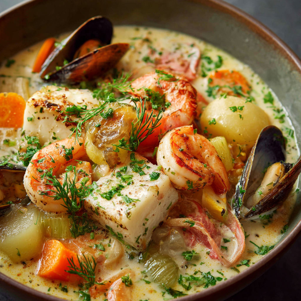 Une recette de bouillabaisse avec des moules, des carottes, des oignons et des herbes.