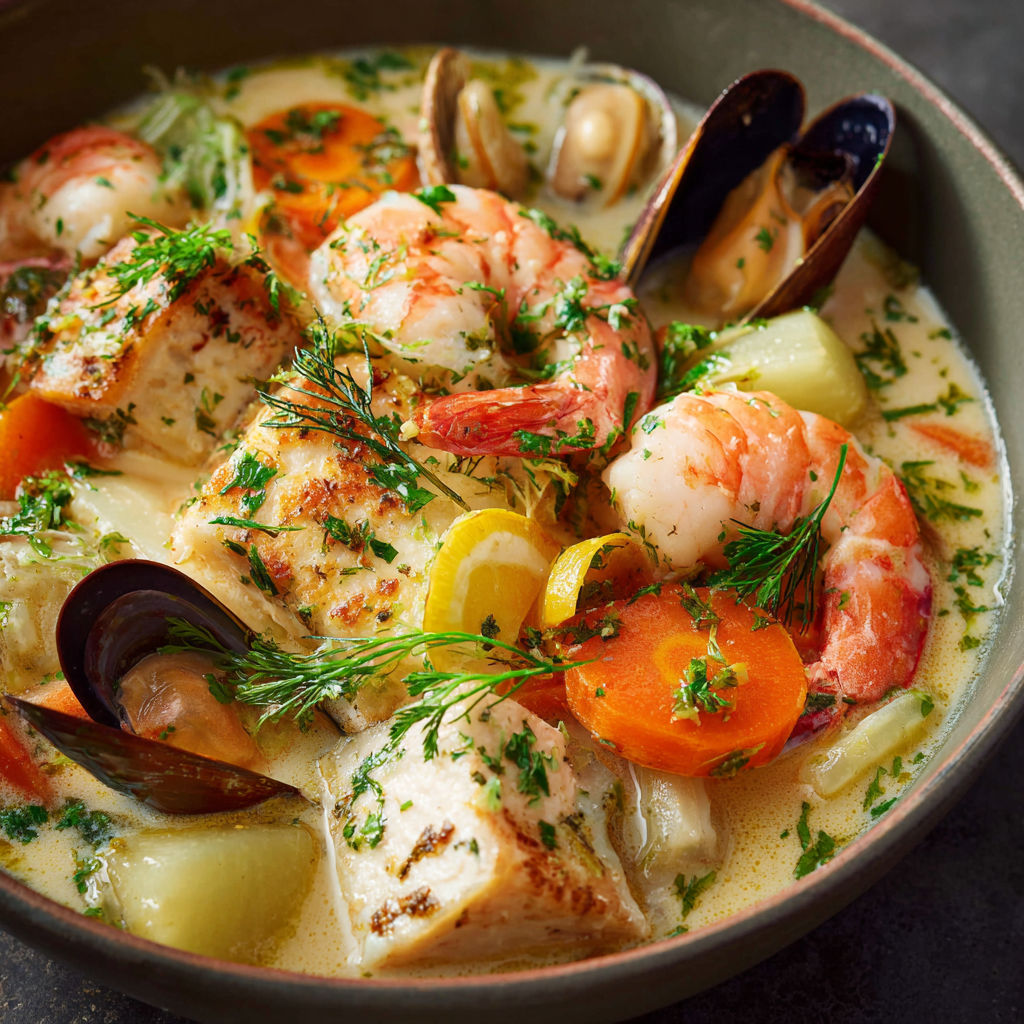 Une recette de bouillabaisse avec des moules, des carottes, des tomates, des épinards et des herbes.