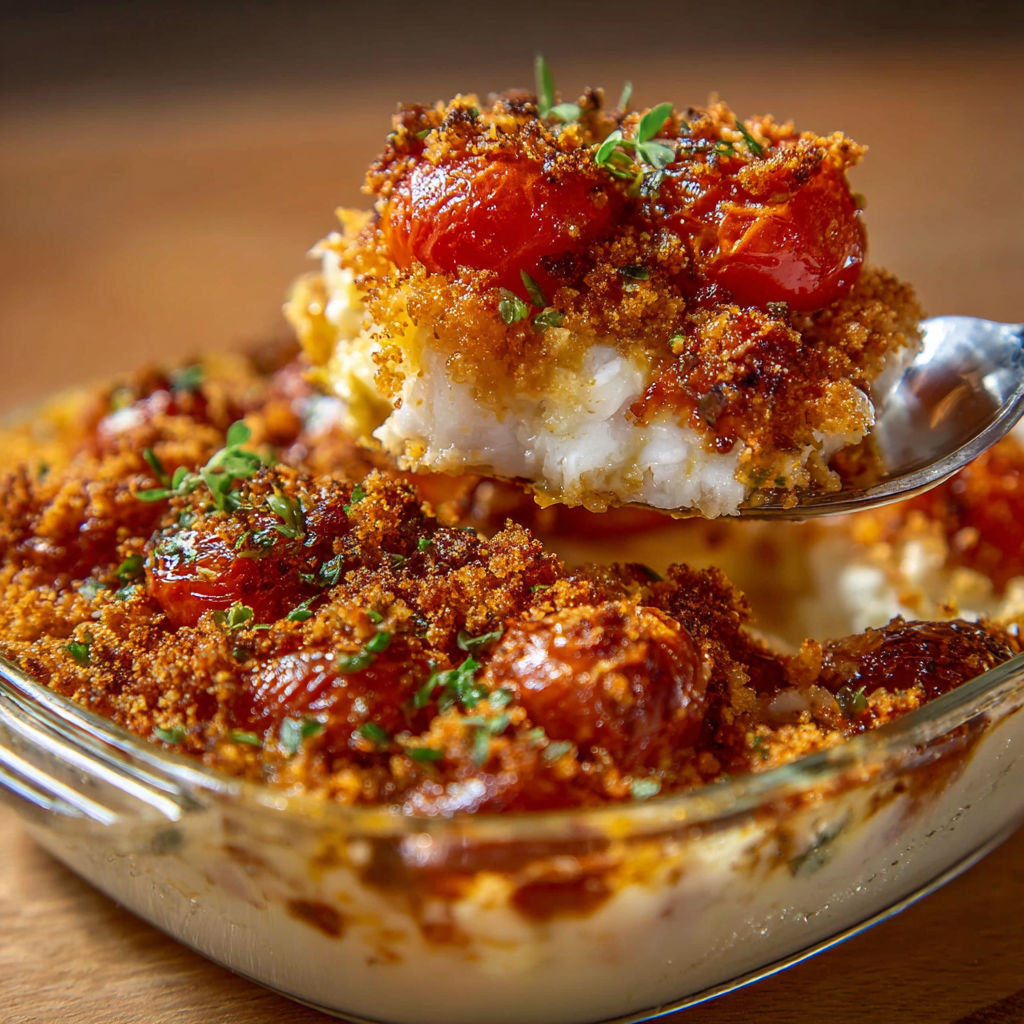 Une portion de crumble de cabillaud, avec des tomates et des herbes, est servie dans un bol sur une table.