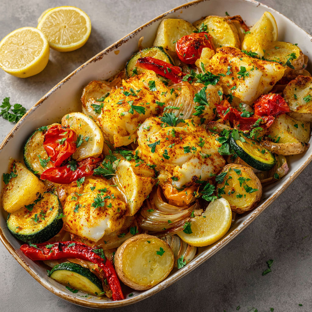 Une recette de poisson et légumes dans un bol.