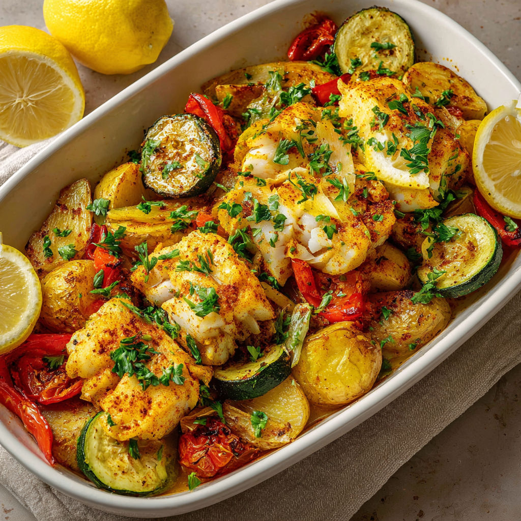 Plate of food with fish, vegetables and lemon.