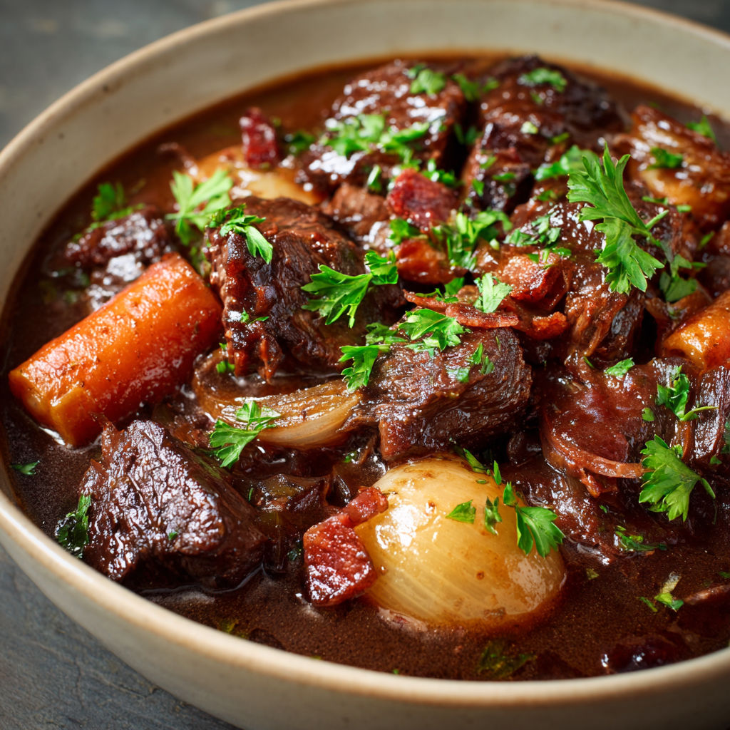 Un plat de boeuf bourguignon avec des carottes et des herbes.