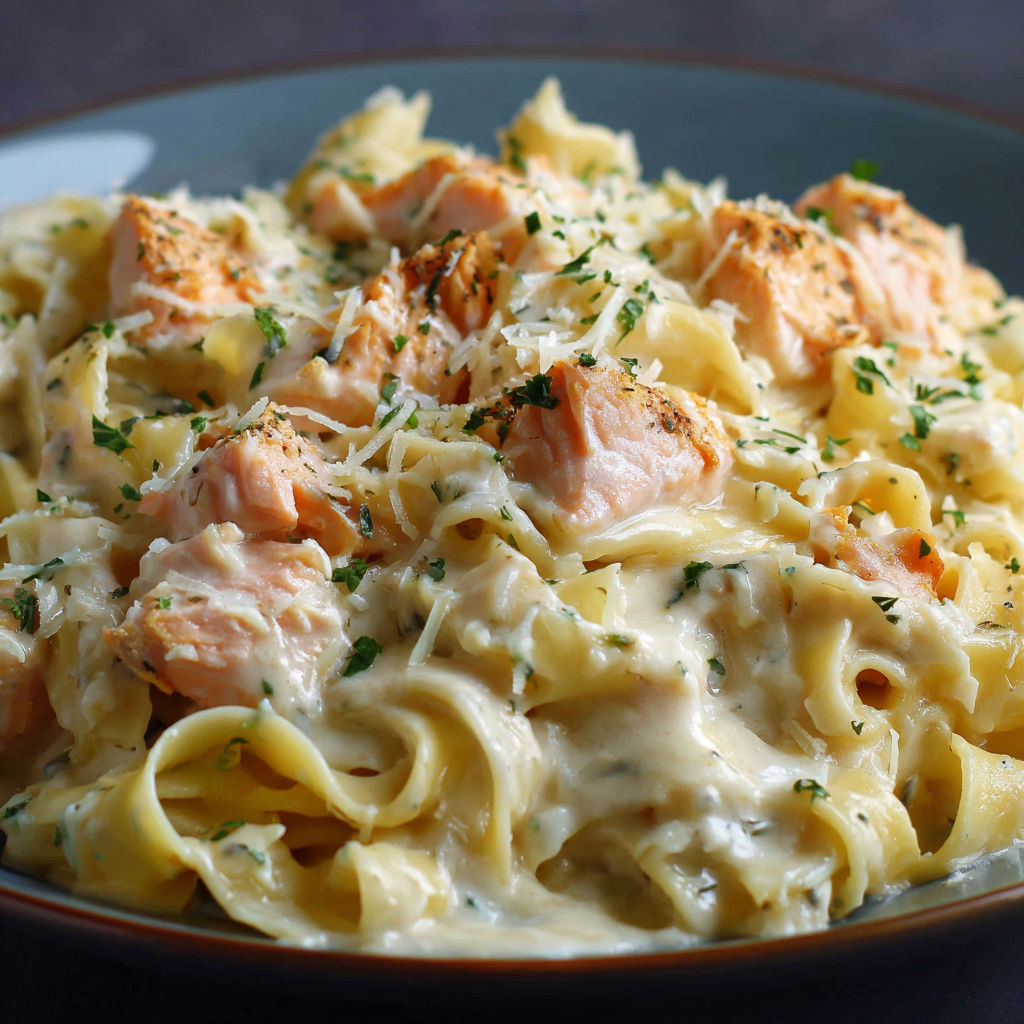 Une pile de spaghetti avec des morceaux de poisson et des herbes.
