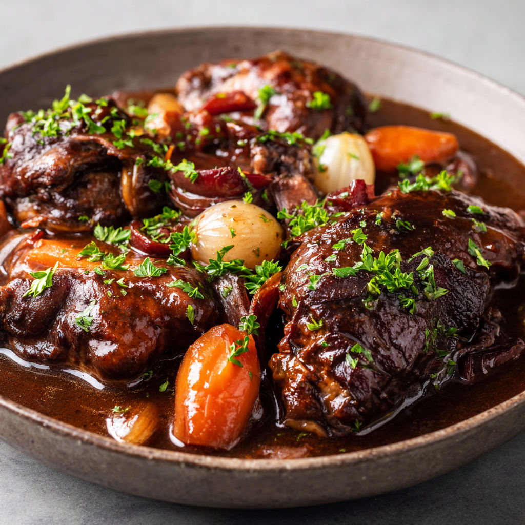 Une recette de gibier à la sauce de carottes et de bacon, servie dans un bol en métal.