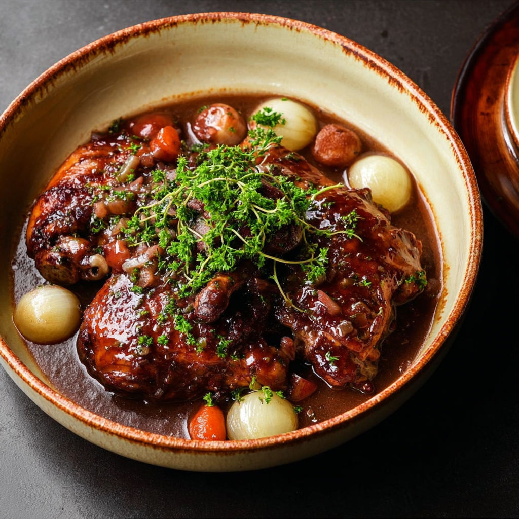 Une recette de gibier avec des légumes et des pommes de terre, servie dans un bol de terre cuite.