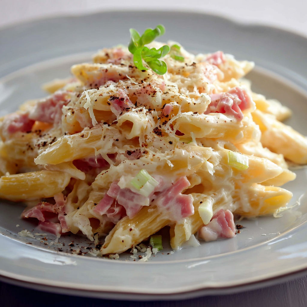 Une assiette de pennes crémeuses au jambon, servie sur un plateau.