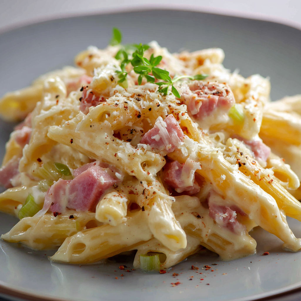 Une recette de macaroni et ham avec des herbes fraîches.