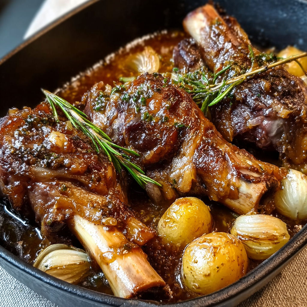 Souris d'Agneau Confite au Miel et aux Herbes - Un plat de viande de mouton confite dans une sauce épicée, avec des herbes et du miel.