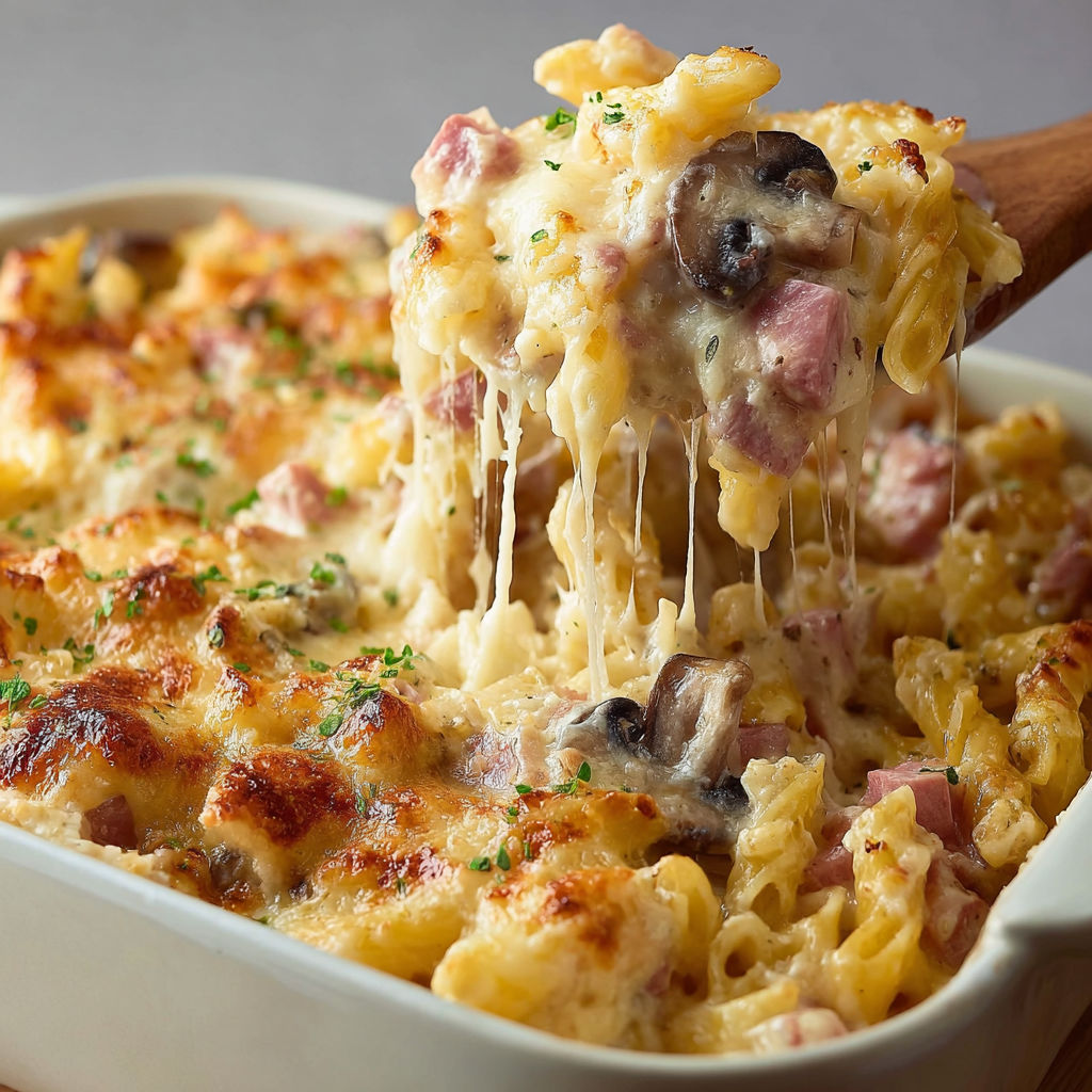 Un plat de gratin de pâtes au jambon, champignons et double fromage est prêt à être servi.