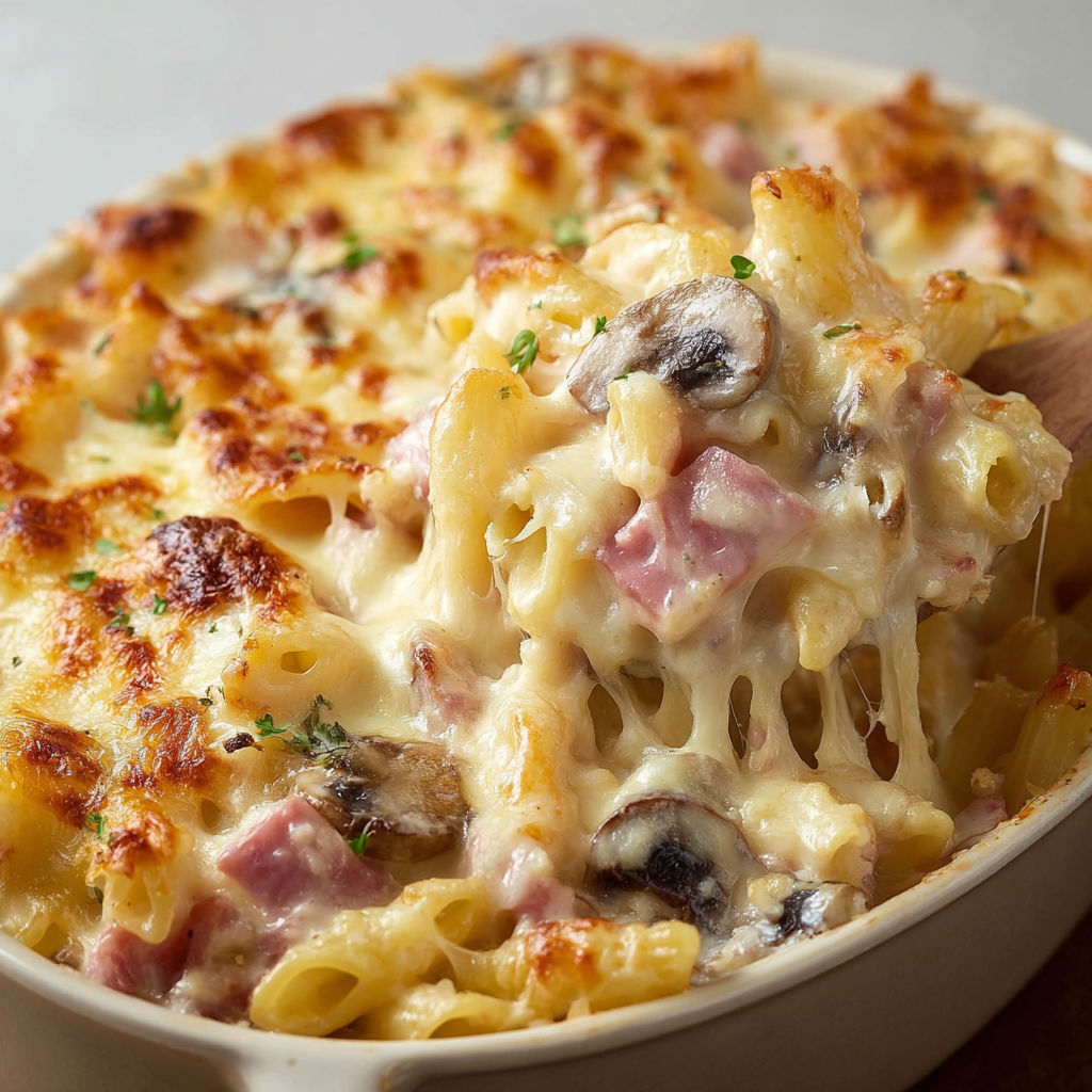 Une recette de macaroni et fromage avec des champignons et des herbes.
