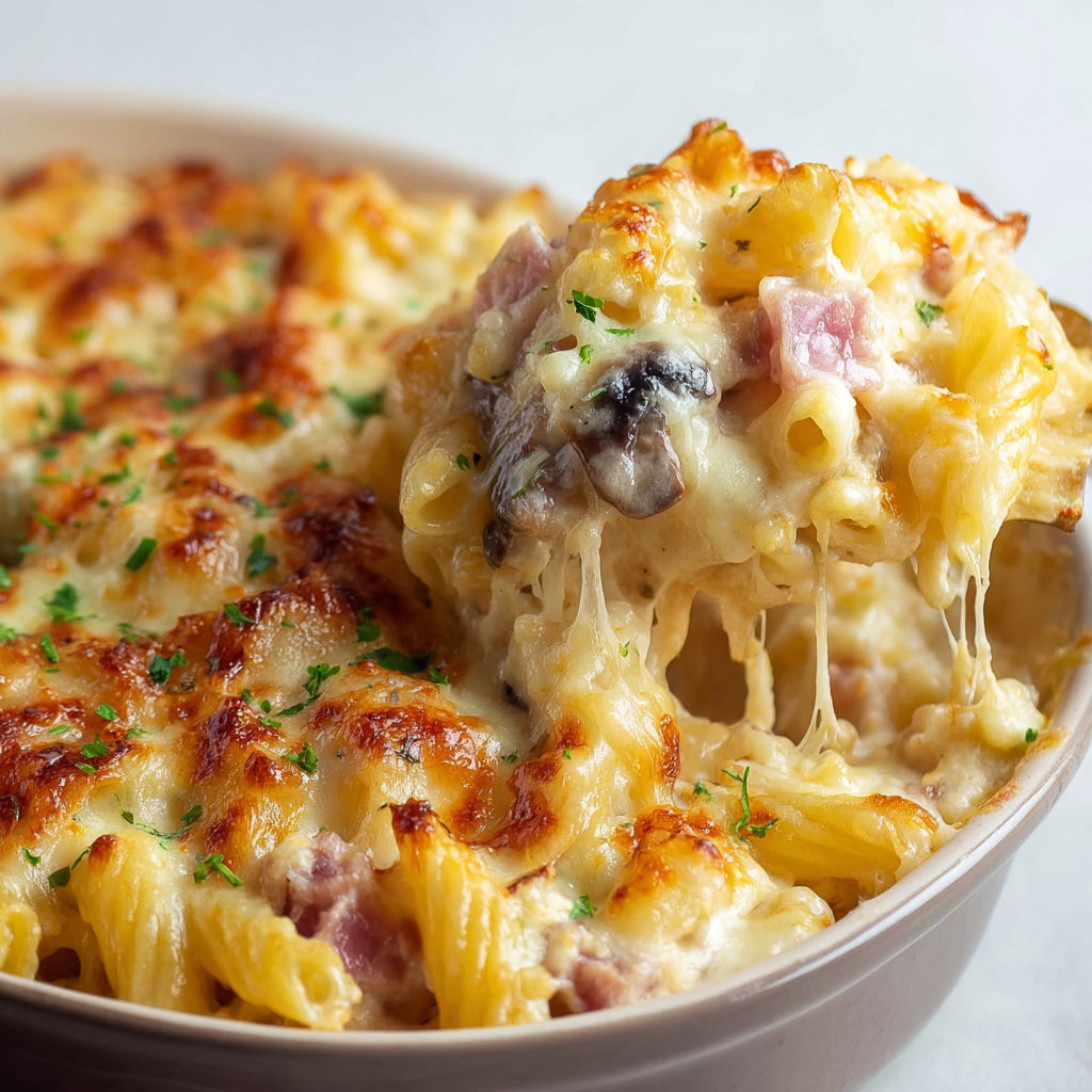 Une recette de macaroni et fromage avec des champignons et des herbes.