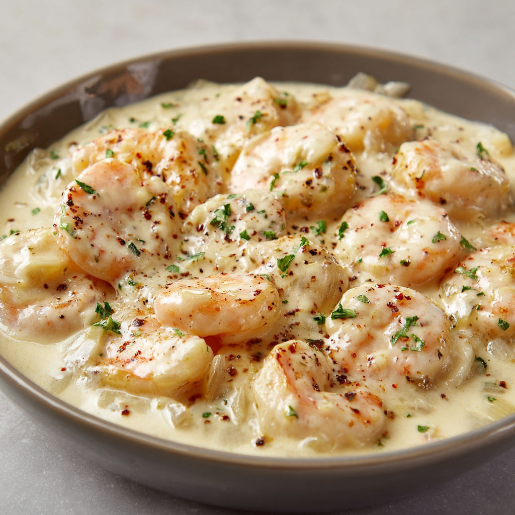 Un plat de crevettes sautées avec des herbes et des épices, accompagné d'une sauce crémeuse.