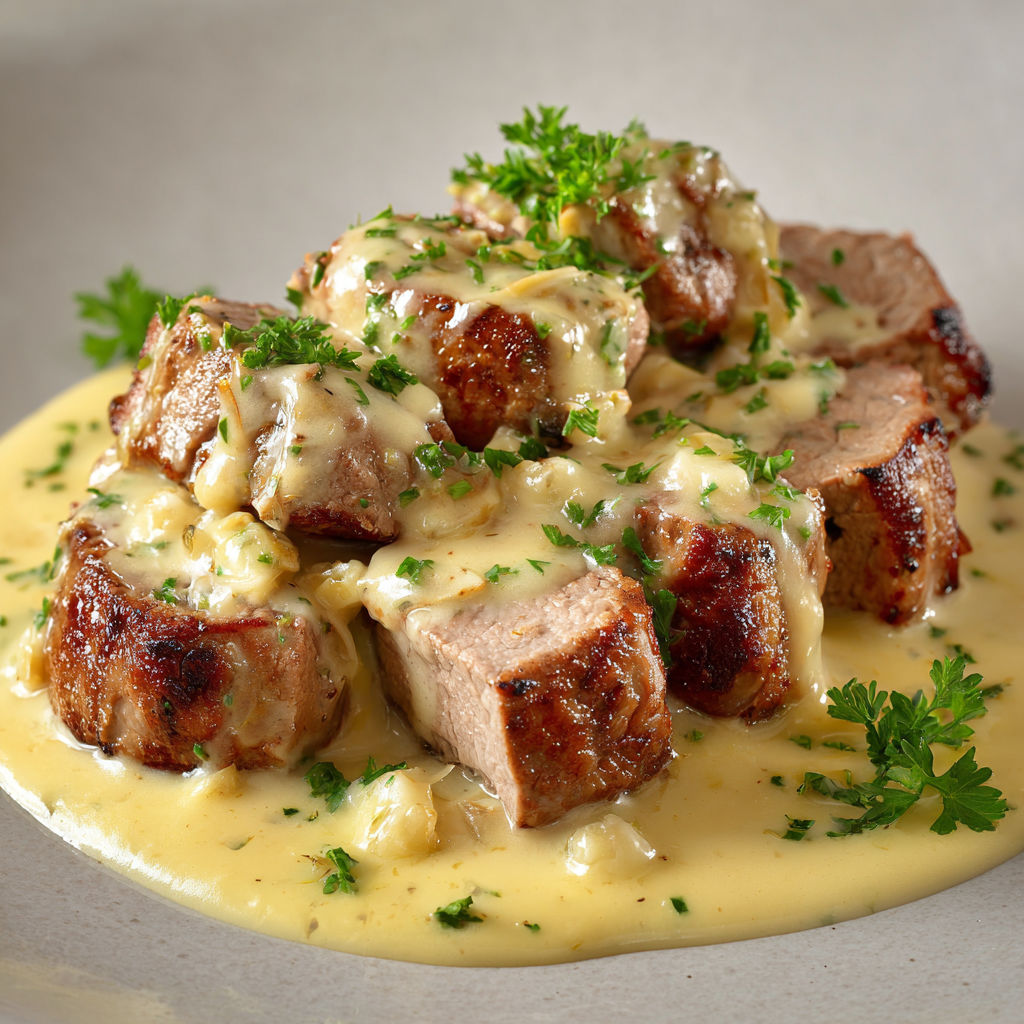 Une recette de steak au pesto est servie sur une assiette en céramique.