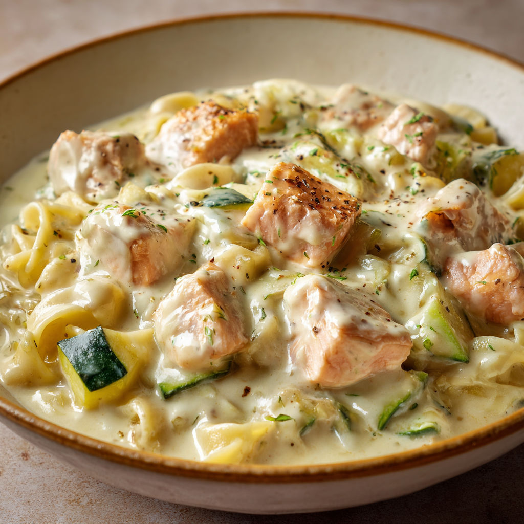 Une recette de macaroni et fruits de mer avec des morceaux de poisson.