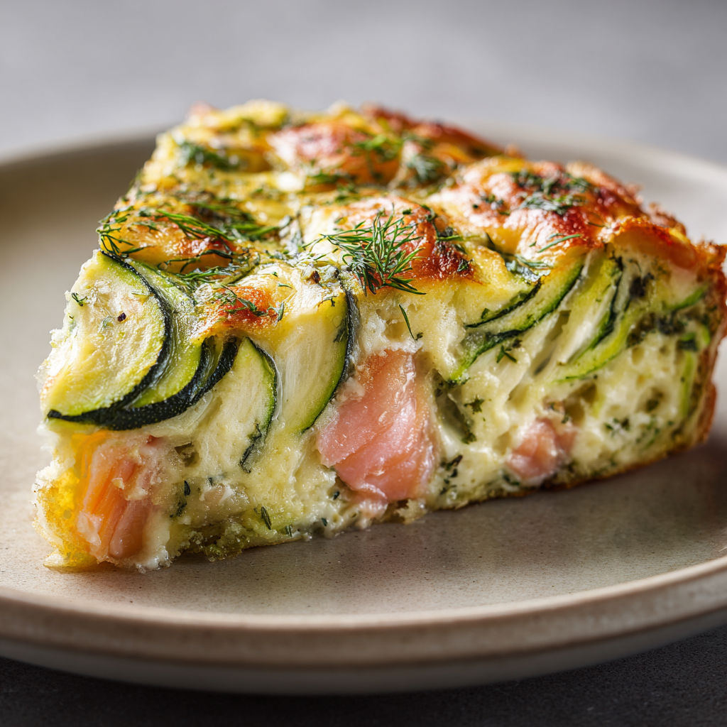 Une tarte aux légumes et au saumon, servie sur un plateau.