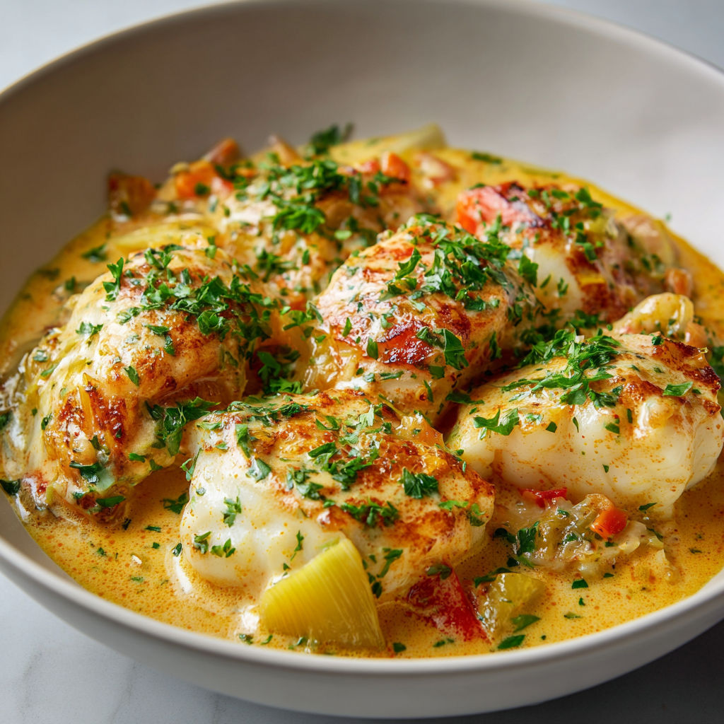 Une assiette de Blanquette de cabillaud à la bisque de homard, avec des herbes fraîches et des légumes.