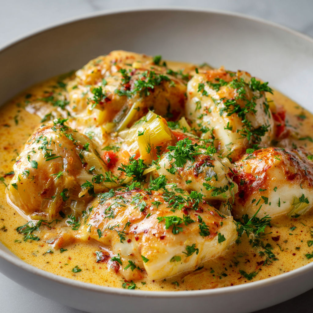 Un plat de poisson farci avec des herbes et des légumes dans une sauce.