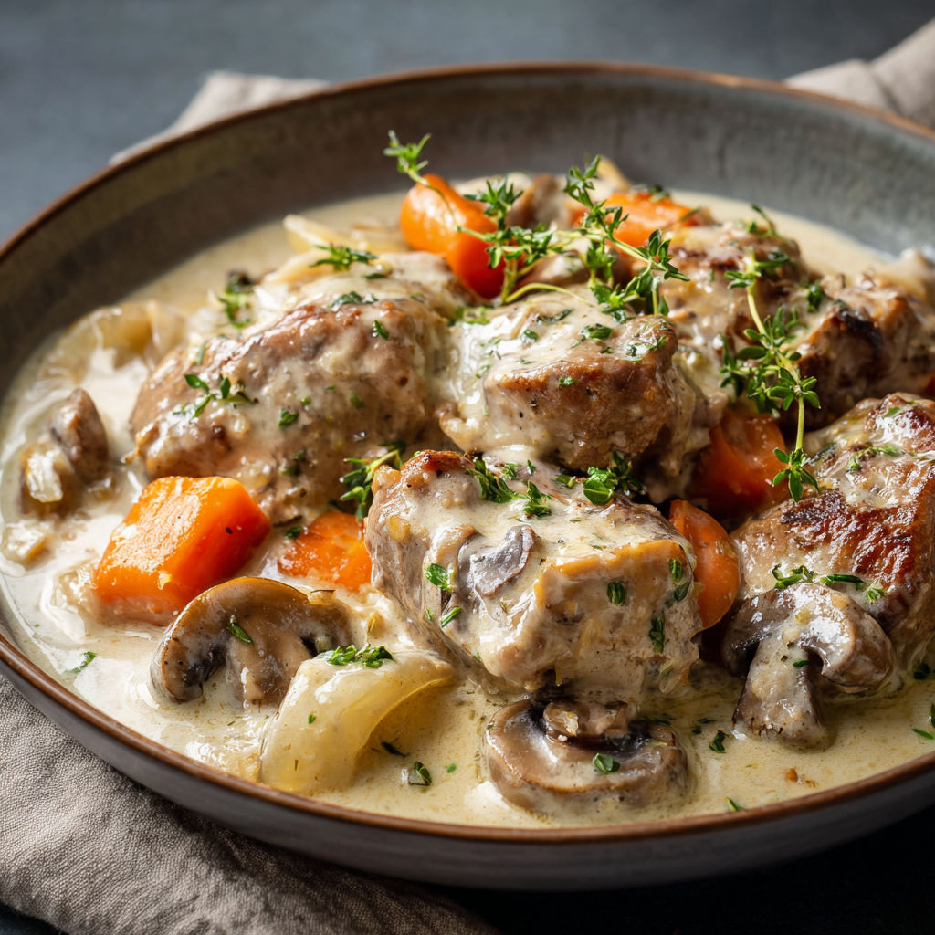 Une recette de viande chaude avec des carottes et des champignons.